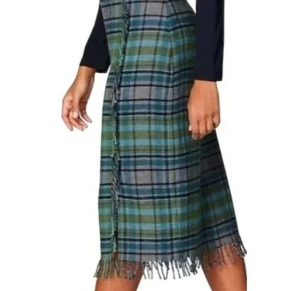 J Jill Plaid & Fringed Skirt Grey Blue Green Size 14P Lined - Picture 2 of 9